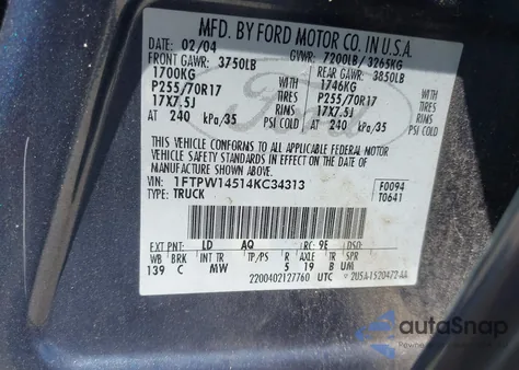 2004 Ford F-150 Fx4/Lariat/Xlt из США, поврежденный, VIN 1FTPW14514KC34313